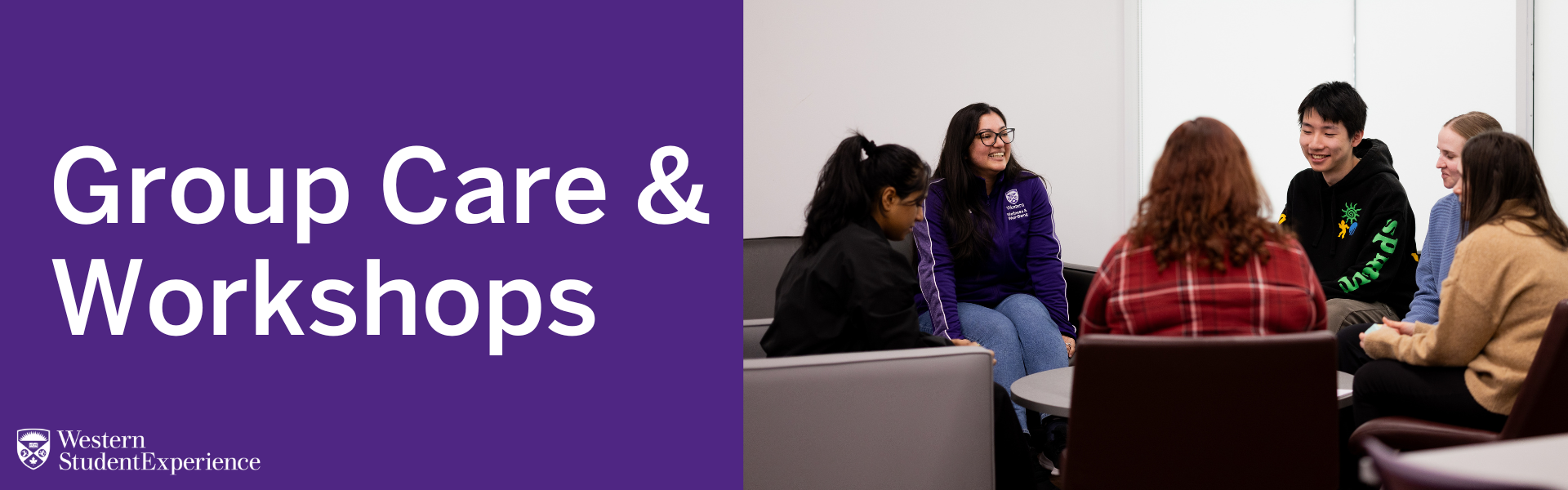 A group of students sitting in a circle with text "Group care & workshops"