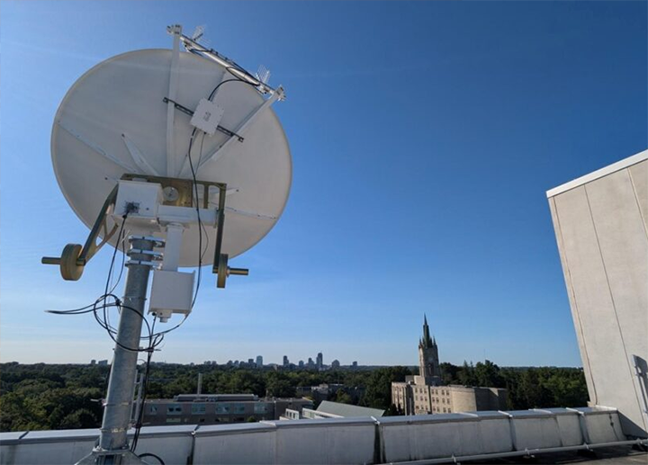 Mission Control Satellite Dish on the Western Interdisciplinary Research Building